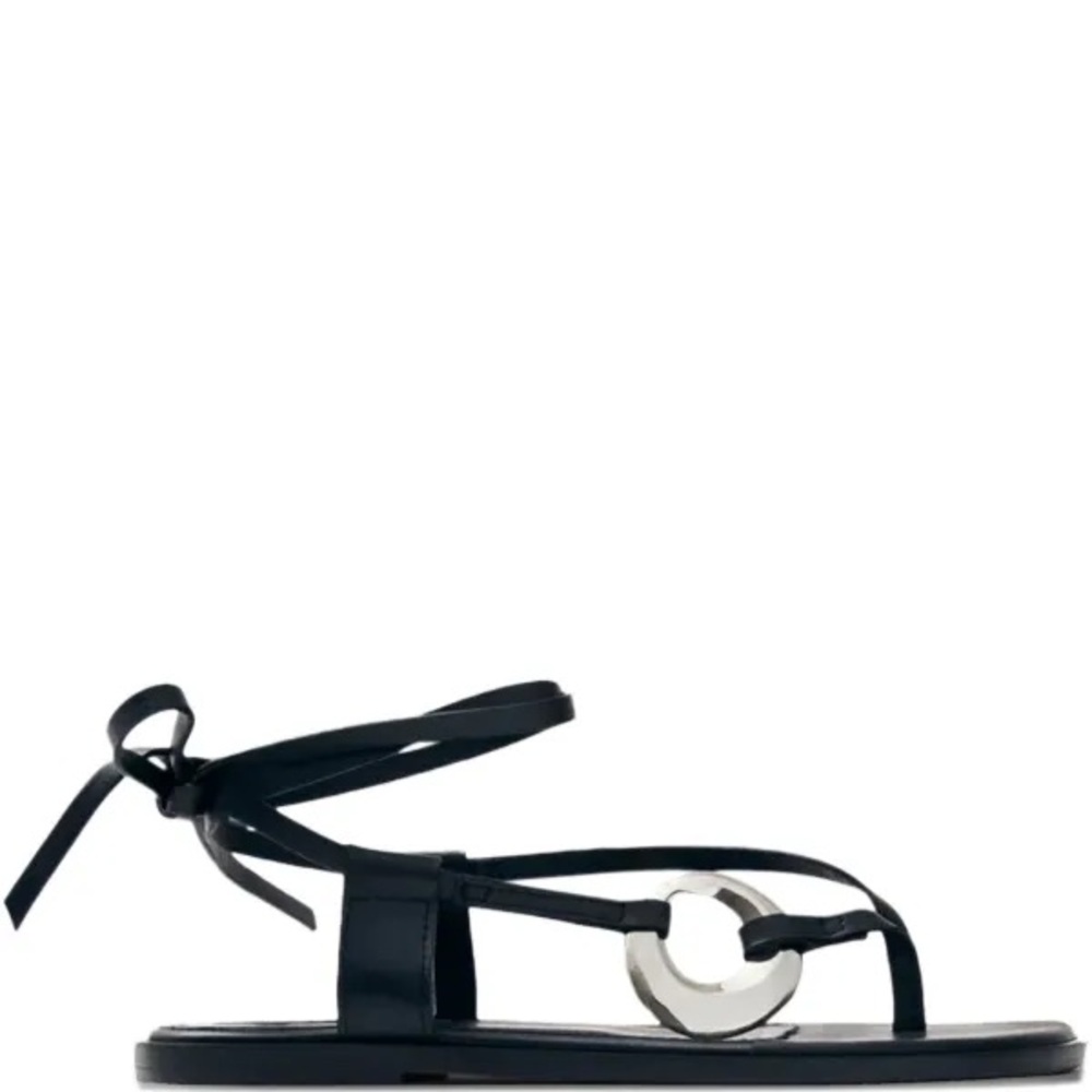 ALOHAS Black Leather Lace-Up Sandals with Silver Ring